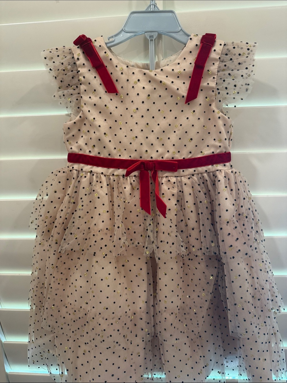 Holiday Dress Girls Pink Polka Dot Tulle Dress with Red Velvet Trim